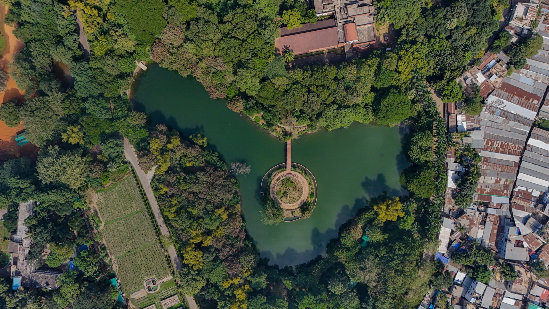 Aerial shot of a garden within a city